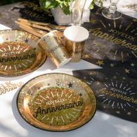 Decoration de table joyeux anniversaire noir et or metallique avec serviette