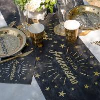 Decoration de table joyeux anniversaire noir et or metallise avec vaisselle jetable