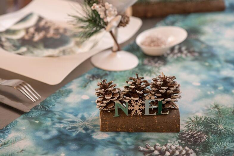 Décoration Noël givré sur bûche en bois et pomme de pin.