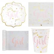1 Pack décoratif avec vaisselle Baby Shower Girl en blanc, rose et doré métallisé pour 10 personnes.