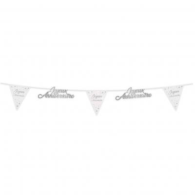 Guirlande fanion blanche argentee metallisee joyeux anniversaire