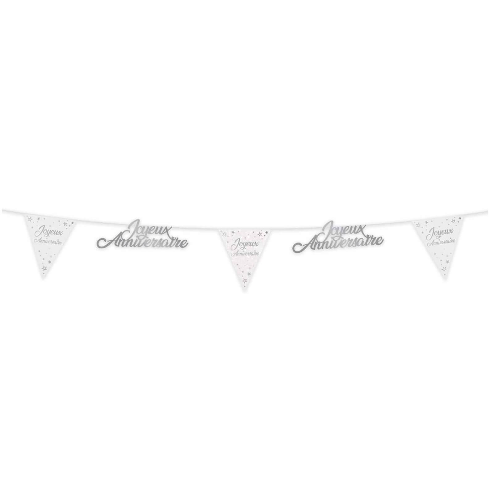 Decoration fete anniversaire blanc argent guirlande fanion