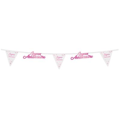Guirlande fanion blanche rose fuchsia metallisee joyeux anniversaire