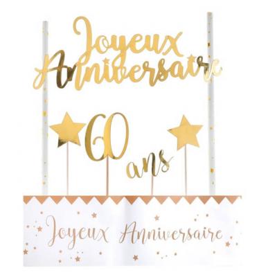 Decoration gateau anniversaire 60ans or et blanc