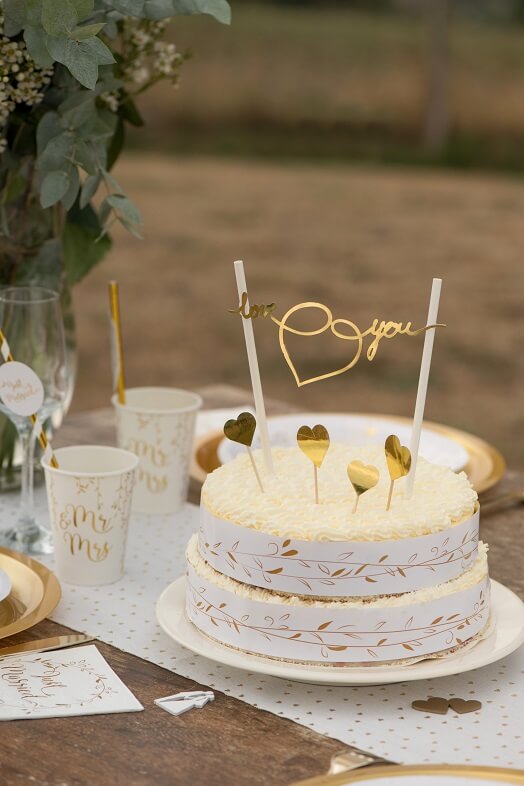 Kit décoration gâteau mariage assortis dorées et blanches