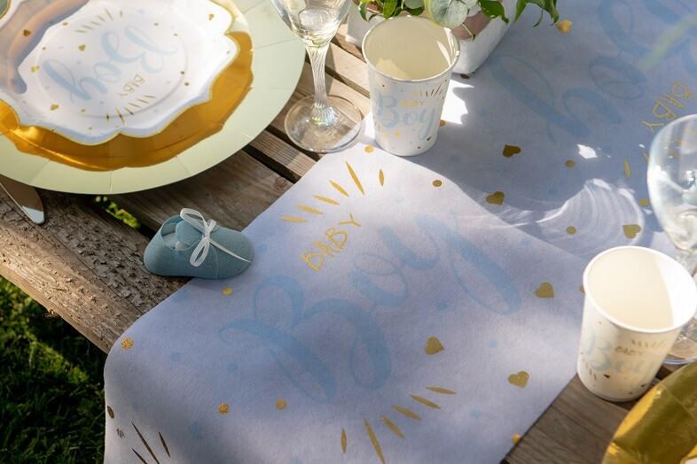 Decoration gobelet baby shower blanc bleu et or