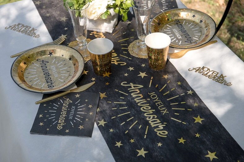 Chemin de table 40 ans, décoration de table anniversaire noir et or