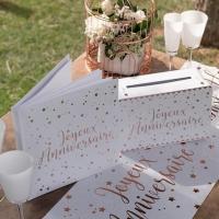 Decoration livre d or anniversaire blanc et rose gold metallique