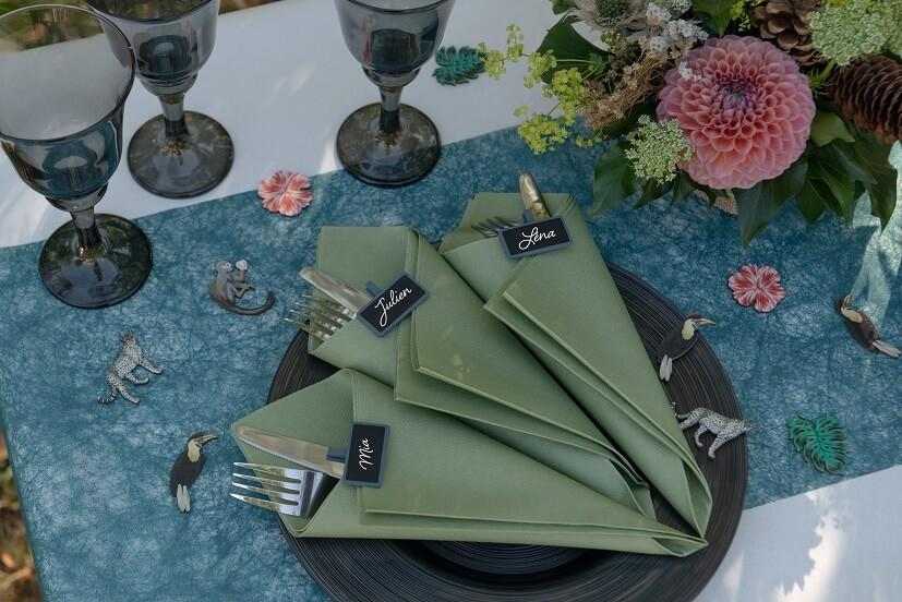 Decoration pliage de serviette champetre tropical chic vert olive sauge