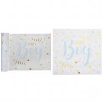 Decoration serviette et chemin de table baby shower garcon bleu ciel blanc et or