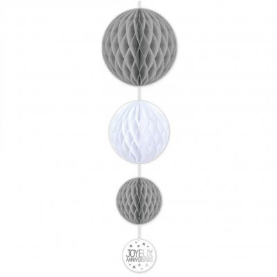 Decoration suspension anniversaire grise et blanche avec 3 boules