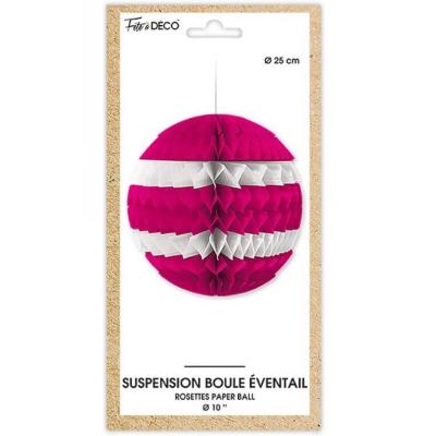 Decoration de salle avec suspension boule eventail rose fucshia et blanche