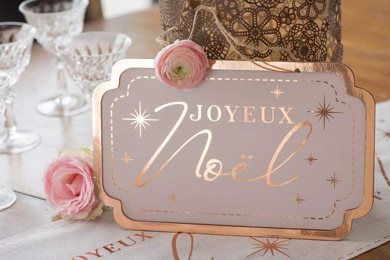 Decoration suspension pancarte joyeux noel blanche et rose gold