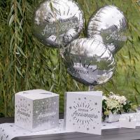 Decoration urne joyeux anniversaire blanc et argent metallique
