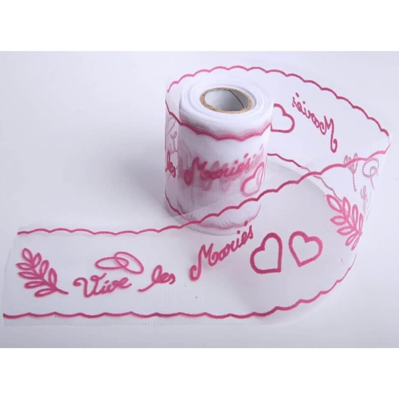 Decoration voiture mariage avec ruban tulle mariage vive les maries rose fuchsia