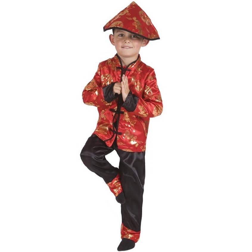 Costume enfant garçon en chinois noir, rouge et doré or REF/55012