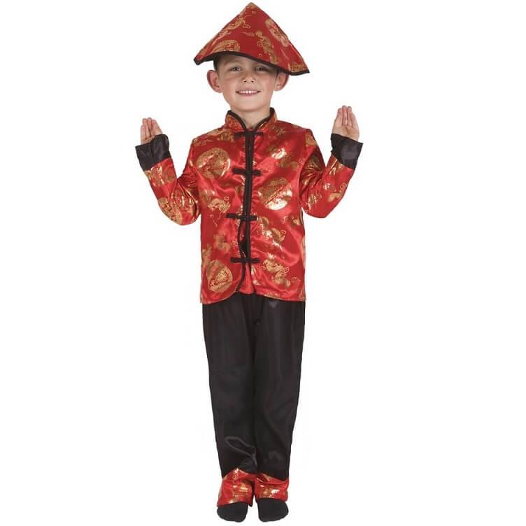 Costume enfant garçon en chinois noir, rouge et doré or REF/55012
