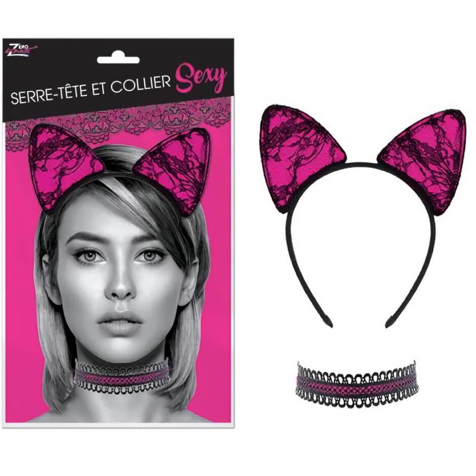 Deguisement serre tete et collier sexy noir et rose fuchsia