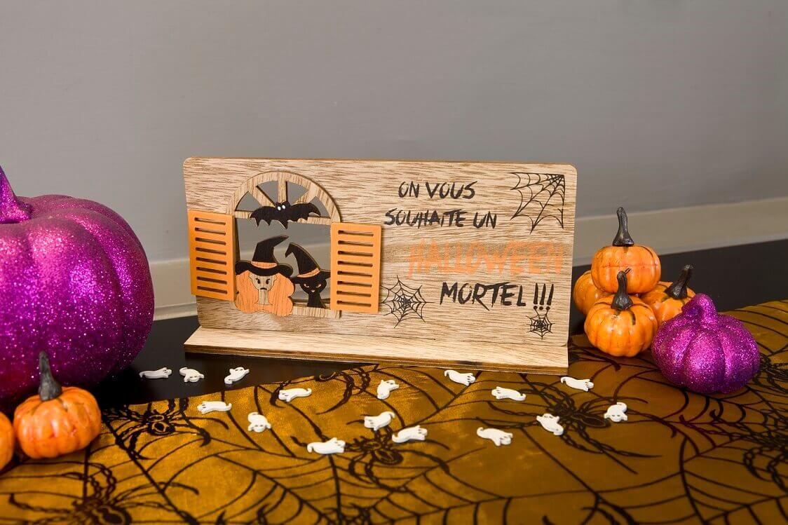 Dek0254 centre de table halloween en bois lieux hante sorciere