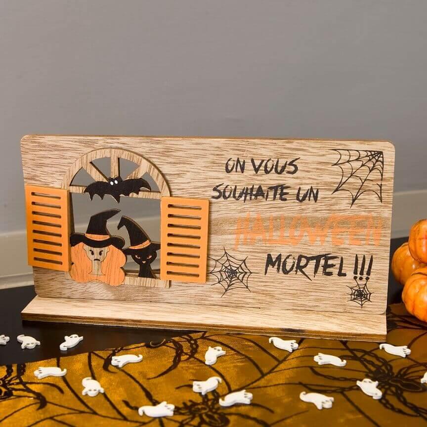 Dek0254 centre de table halloween en bois lieux hante sorcieres