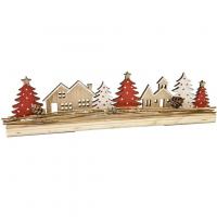 Dek0445 decoration de table village de noel naturelle et rouge en bois