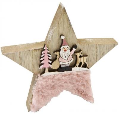 1 Décoration étoile avec père Noël en bois naturel et rose 14 cm REF/DEK0581