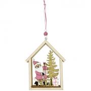 1 Suspension décoration maison du père Noël rose, naturel et doré or pailleté 23cm REF/DEK0635