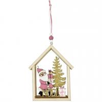 Dek0635 decoration suspension maison du pere noel rose dore or bois