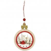 Dek0636 suspension decorative village de noel bois rouge et naturel 