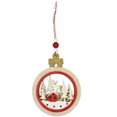 Dek0636 suspension decorative village de noel bois rouge naturel 