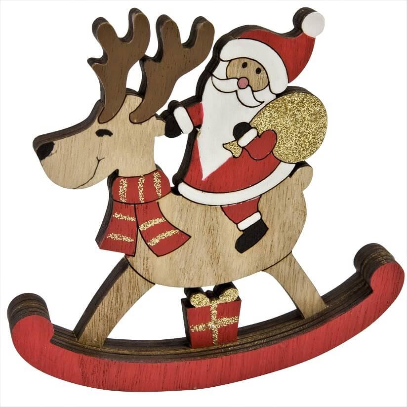 Décoration père Noël sur renne à bascule en bois REF/DEK0642
