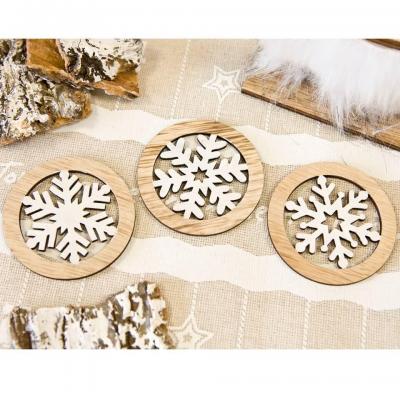 3 Flocons en bois pour décoration de table Noël en naturel et blanc de 6cm REF/DEK0677