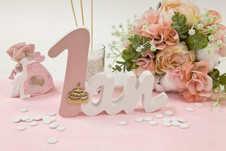 Dek1218 centre de table bois rose blanc anniversaire 1an