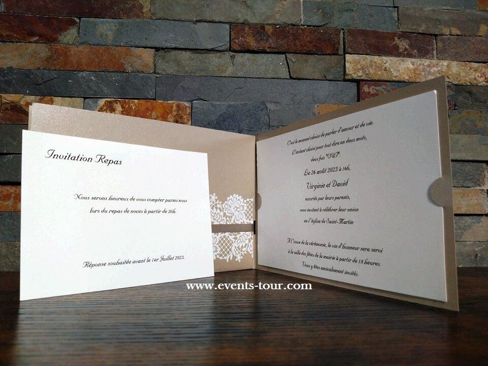 Faire part de mariage elegant avec motif fleur dentelle champetre