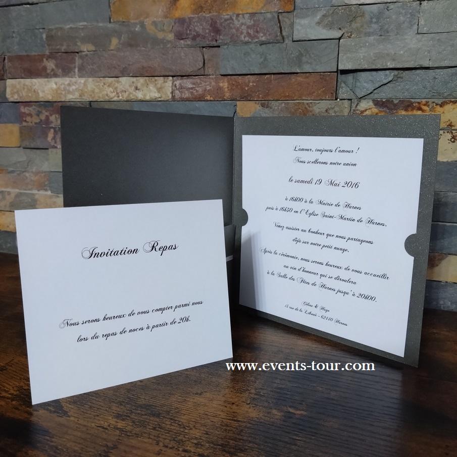 Faire part de mariage gris anthracite argent fleur champetre