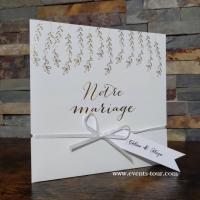 Faire part mariage blanc dore or feuillage fleur champetre