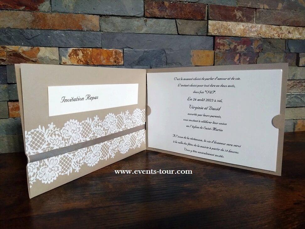 Faire part mariage elegant avec motif floral dentelle champetre