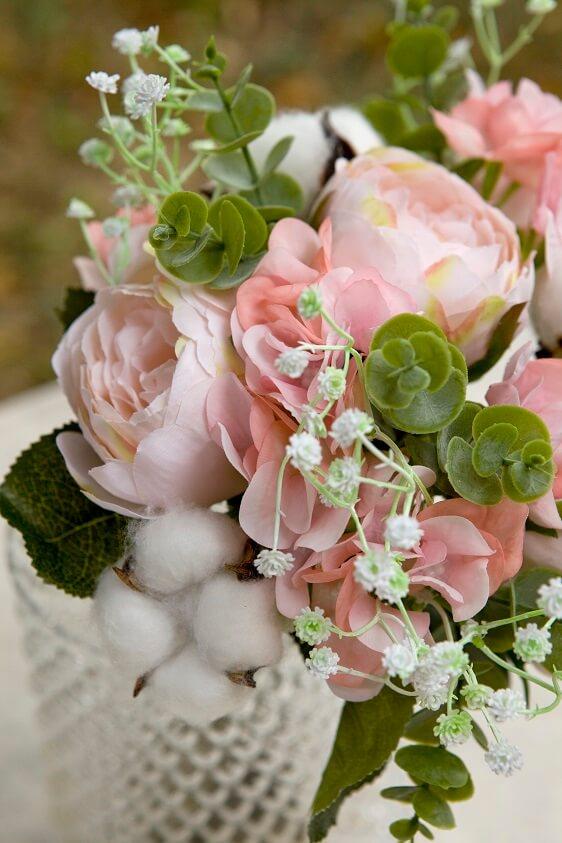 Fbo4403 decoration bouquet fleurs rose vert blanc pivoine coton hortensia eucalyptus gypso
