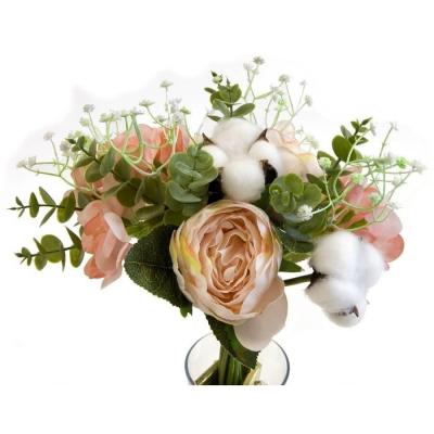 Fbo4403 decoration bouquet fleur rose vert blanc pivoine coton hortensia eucalyptus gypso