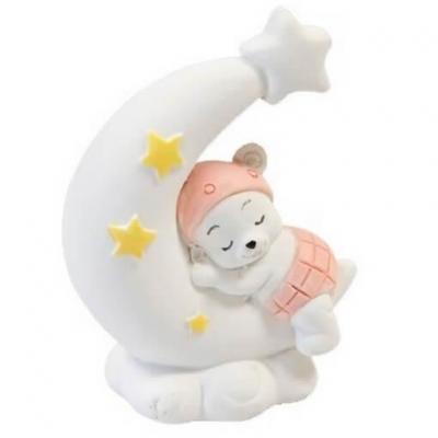 Figurine sujet ourson rose sur lune en résine (x1) REF/RES402CF