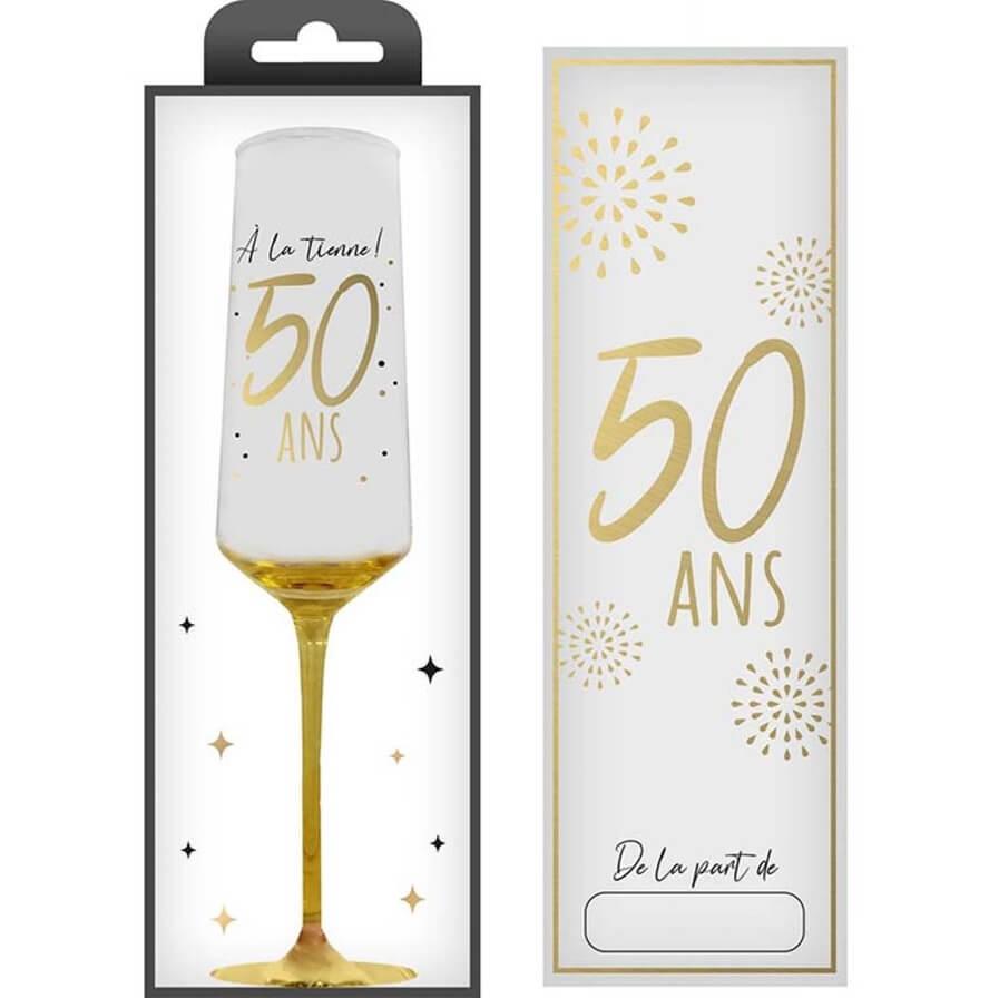 Flcv2505 flute en verre anniversaire 50ans dore or metal avec coffret cadeau