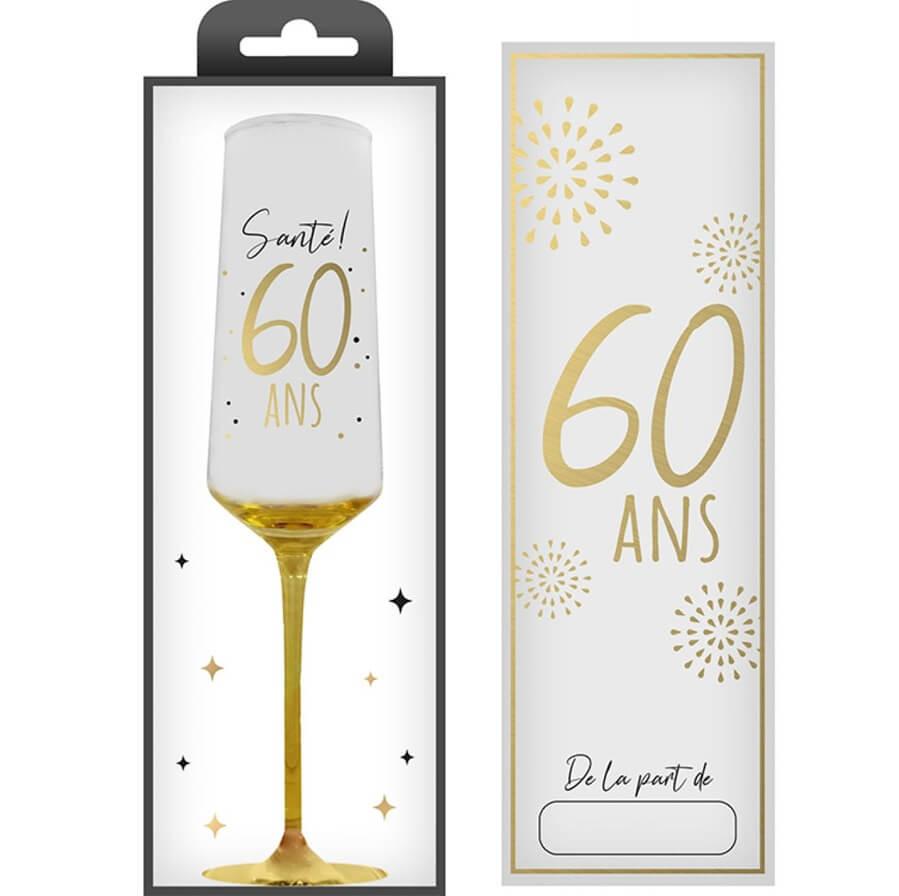 Flcv2506 flute en verre anniversaire 60ans dore or metal avec coffret cadeau