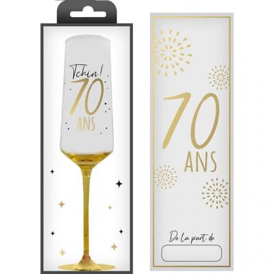 Flcv2507 flute en verre anniversaire 70ans dore or metal avec coffret cadeau
