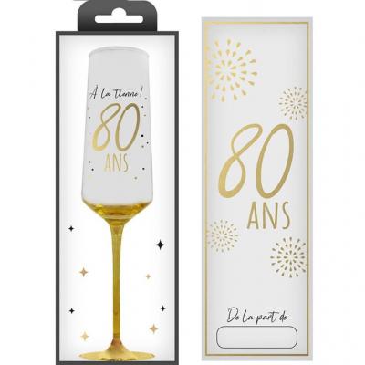 Flcv2508 flute en verre anniversaire 80ans dore or metal avec coffret cadeau