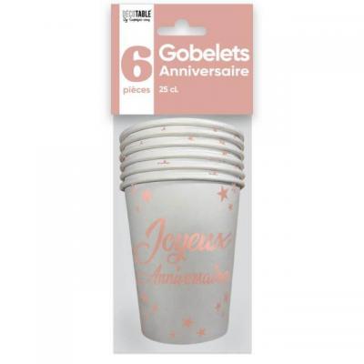 6 Gobelets en carton blanc et rose gold en Joyeux Anniversaire de 25cl REF/GBM2500RG