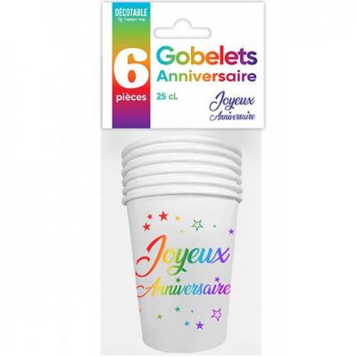 6 Gobelets en carton blanc et multicolore en Joyeux Anniversaire de 25cl REF/GBM25M00