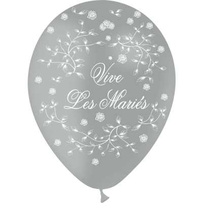 8 Ballons vive les mariés en latex gris avec roses au style Champêtre pour mariage 30cm REF/GBT1214