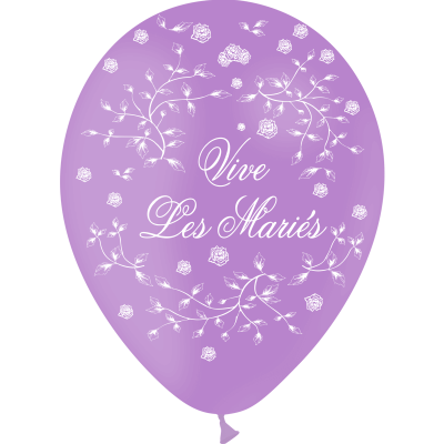 8 Ballons vive les mariés en latex Lavande/Parme avec roses au style Champêtre pour mariage 30cm REF/GBT1214