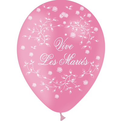 8 Ballons vive les mariés en latex rose avec roses au style Champêtre pour mariage 30cm REF/GBT1214