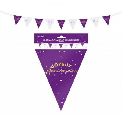 Gf24vl guirlande fanion joyeux anniversaire couleur blanc irise violet astral